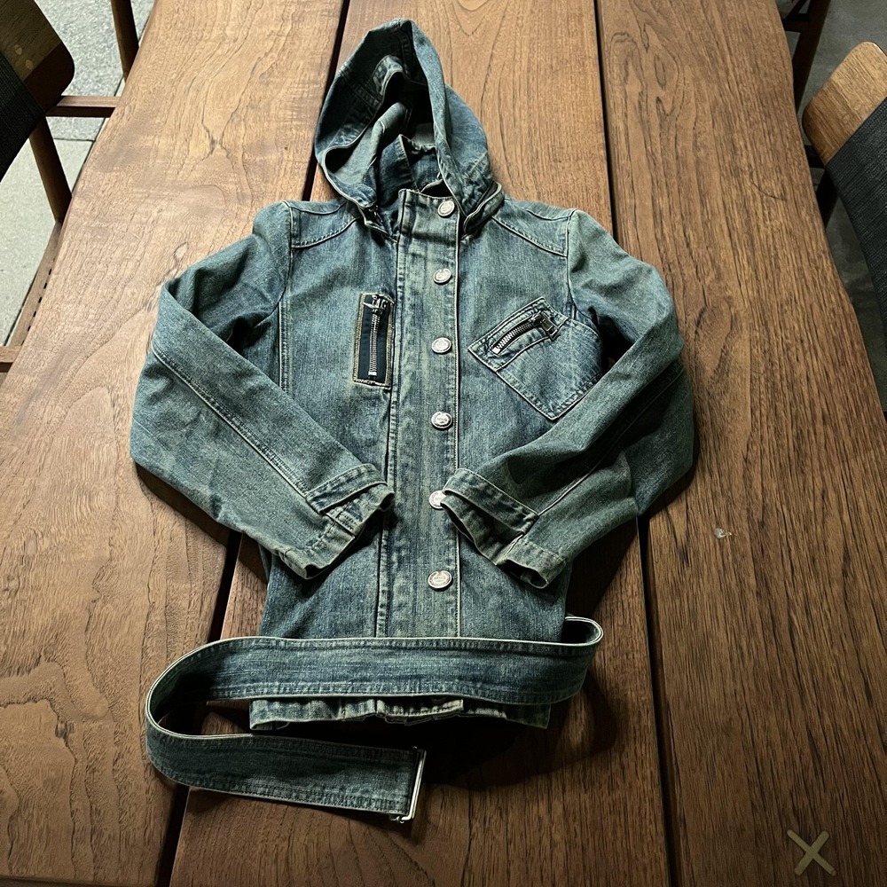 MNG Jeans Jacket Womens Small Blue Hooded Belted Denim Zip Pockets Moto